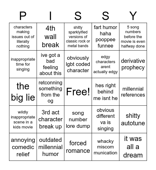 IS TROLLS A SHITTY MOVIE Bingo Card