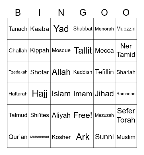 Judaism/Islam Terms Bingo Card