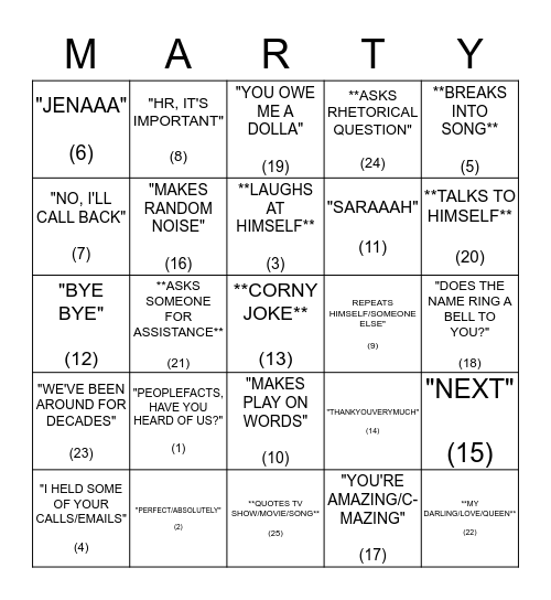 Marty Bingo! The most awesomely annoying game in the history of games! Bingo Card