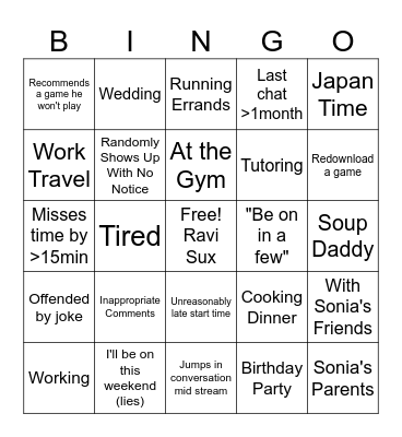 Ravi Sux Bingo Card