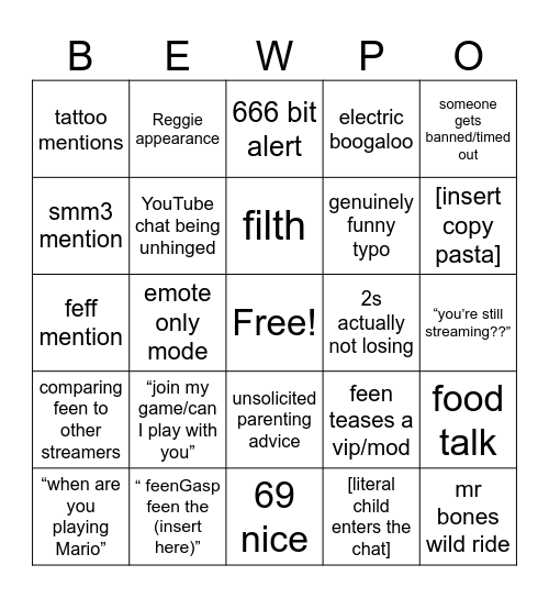 BEWPO Bingo Card
