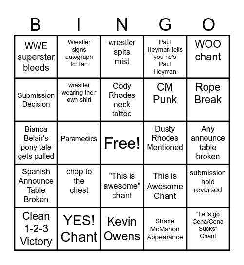 Wrestlemania Bingo Card