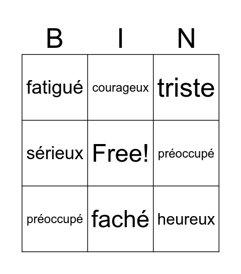 Les émotions-les adjectifs Bingo Card