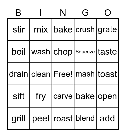 Cooking verbs Bingo Card