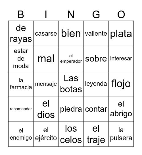 Spanish vocab Bingo Card