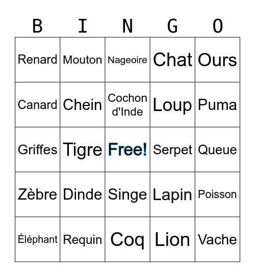 𝐹𝓇𝑒𝓃𝒸𝒽 𝒜𝓃𝒾𝓂𝒶𝓁𝓈 Bingo Card