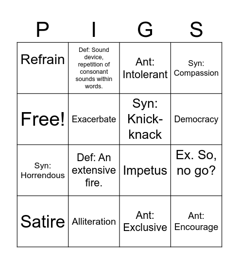 Vocab List #15 Card 2 Bingo Card