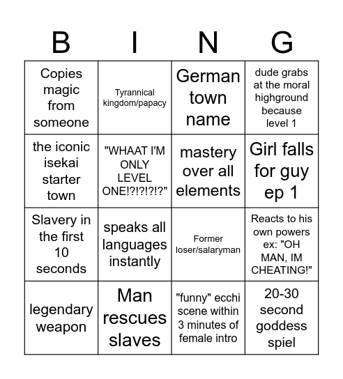 Isekai episode 1 bingo Card