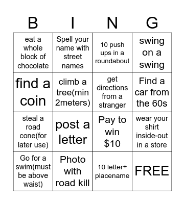Roadtrip bingo Card