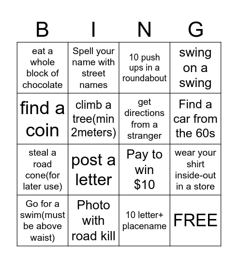 Roadtrip bingo Card