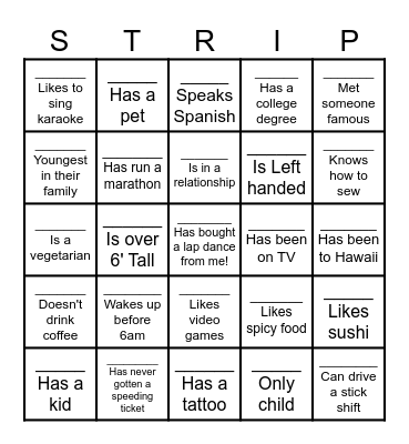 ICEBREAKER - Strip Club Customer Edition Bingo Card