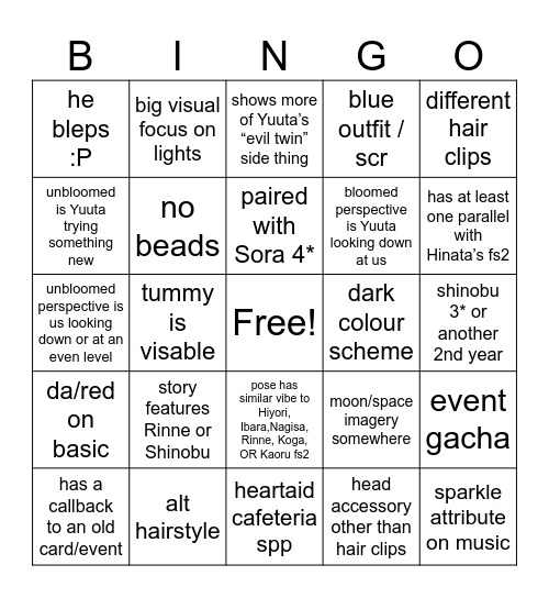 Yuuta FS2 Bingo! Bingo Card