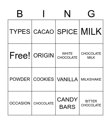 CHOCOLATE VOCABULARY BINGO Card