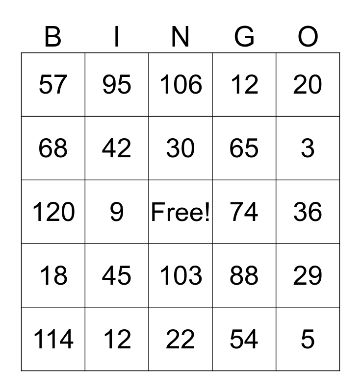 Plus 10 Minus 10 BINGO Card