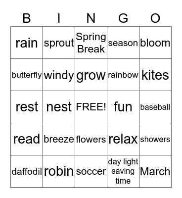 Spring Break Bingo Card