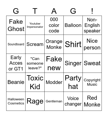 Gorilla tag bingo! Bingo Card