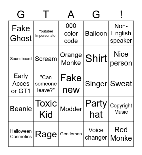 Gorilla tag bingo! Bingo Card