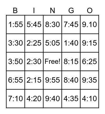 Prepositions of Time : in, on, at Bingo Card
