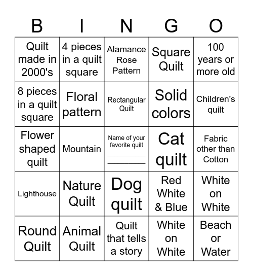 Uncle Eli's Quilting Party Bingo Card