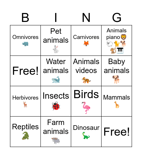 150 Animal sounds Bingo Card