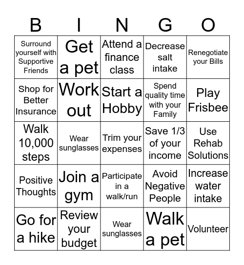 Well Being Bingo Card