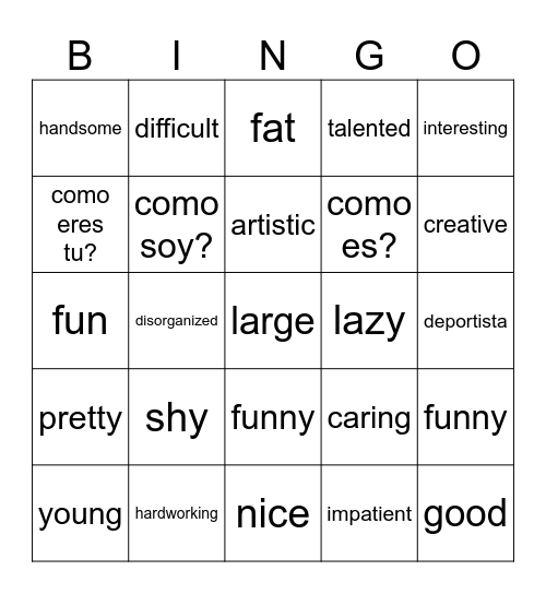 Physical Descriptions Part 1 Bingo Card