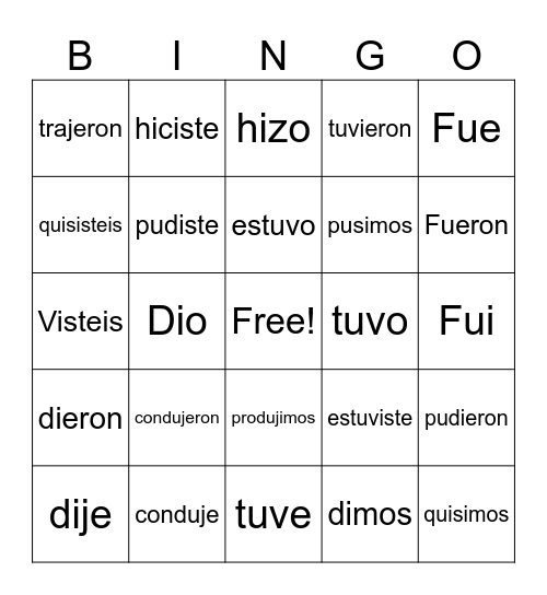 Preterite : Irregular Verbs Bingo Card
