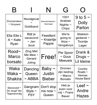 Foute Muziek Bingo Card