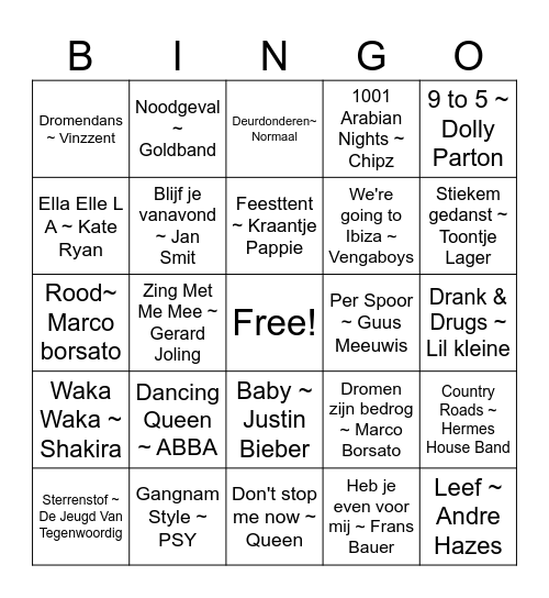 Foute Muziek Bingo Card