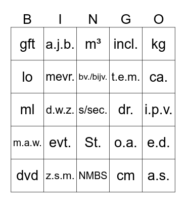 Afkortingenbingo Card