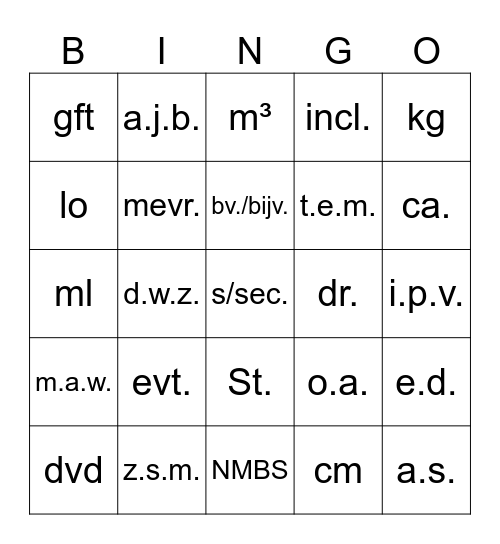 Afkortingenbingo Card