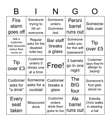 Bar bingo Card