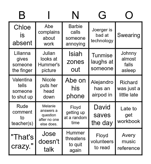 2nd Hour Bingo Card