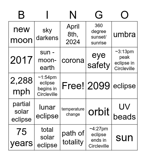 TOTAL SOLAR ECLIPSE!!! Bingo Card