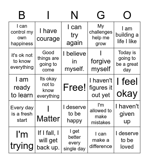 Positive/Neutral Affirmations Bingo Card