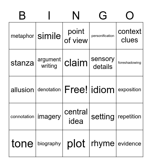 ELA Bingo Card