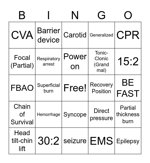 Basic Emergency Care Bingo Card