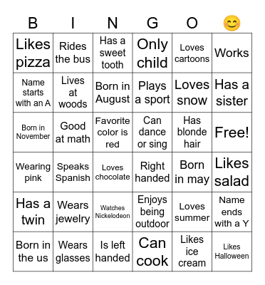 Activities Bingo Card