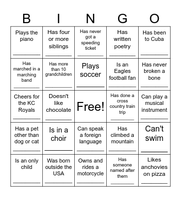 Find Someone Who .................. Bingo Card