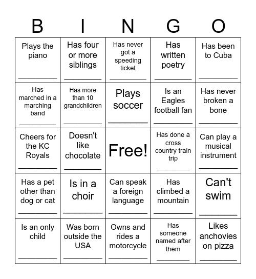 Find Someone Who .................. Bingo Card