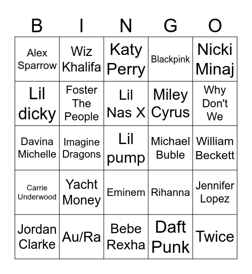 Singers Bingo Card