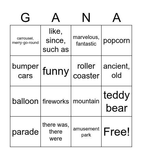 #1 El aarque de attracciones (SPA-->ENG) Bingo Card