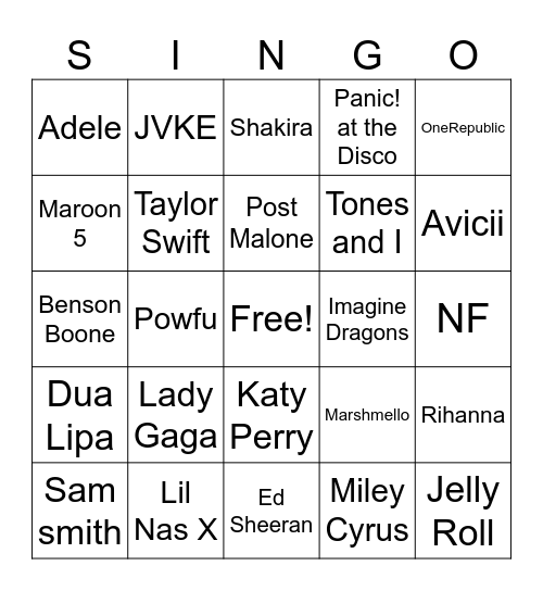artists of songs Bingo Card