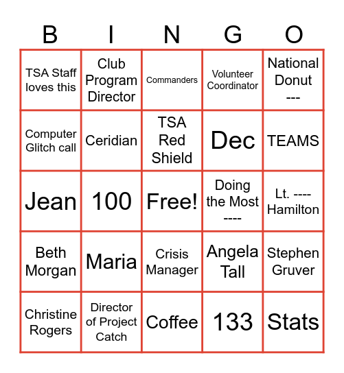 TSA Bingo Card