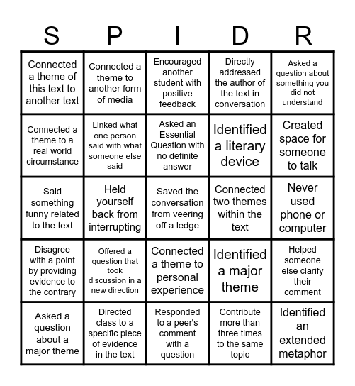 Spider WEB - Self Guide Bingo Card