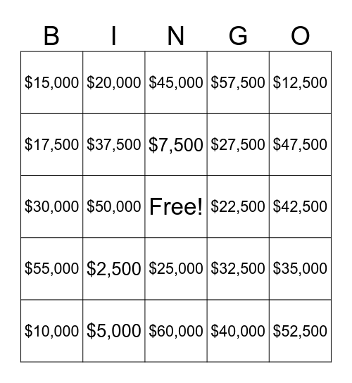 Cash Collected Bingo Card
