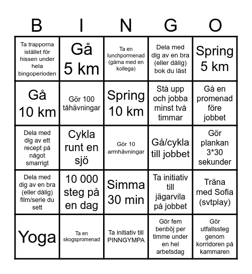 Friskvårdsbingo Åklagarkammaren Falun Bingo Card