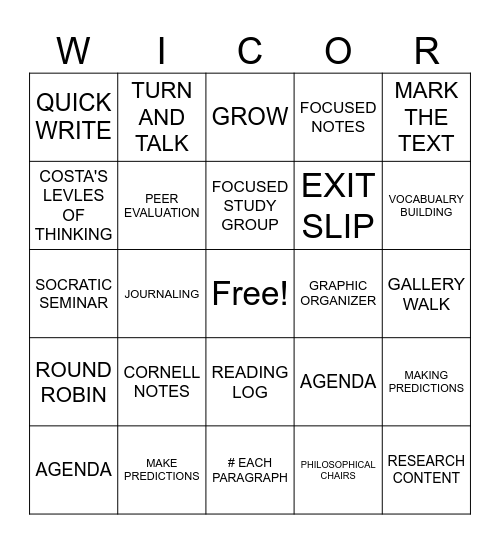 WICOR IN LANGUAGE AND LITERATURE Bingo Card