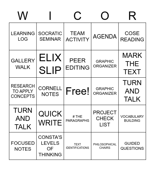 WICOR IN INDIVIDUALS AND SOCITIES Bingo Card