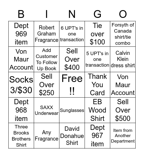 Men's Furnishings Bingo Card